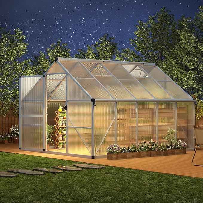 IDEALHOUSE 8X10 FT Greenhouse for Outdoors, Lockable Door and Ajustable Roof Vent, Polycarbonate Greenhouse with Water Gutter System, Aluminum Walk-in Greenhouses, for Backyard, Lawn