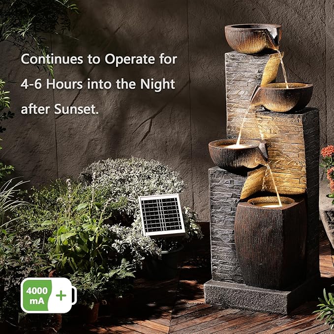 Solar Water Fountain Outdoor Garden, 38.2" Tall Stone Texture Modern Outdoor Fountain with 4 Tiers Cascading Bowls and Pump Solar Panel for Patio, Deck, Porch, Backyard Home Decor