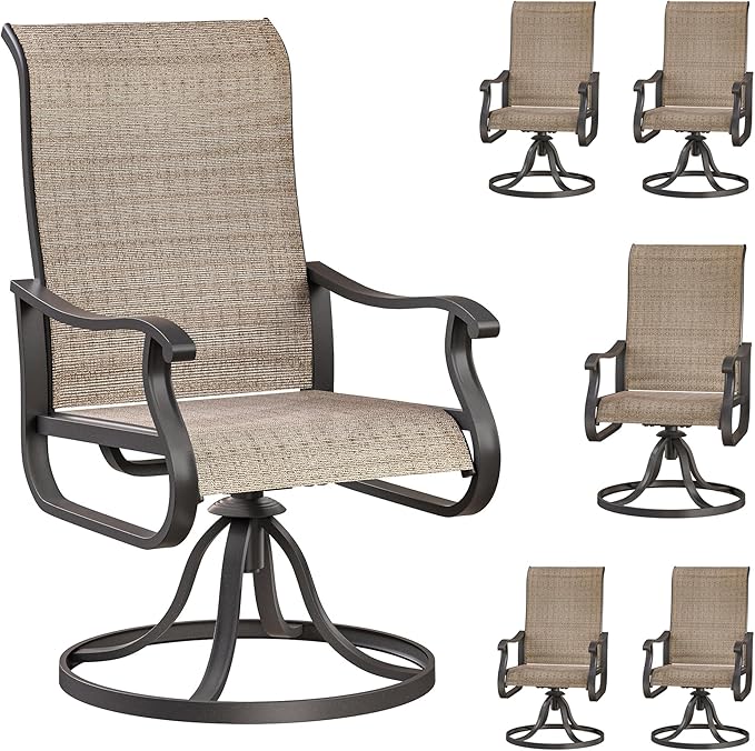 Patio Swivel Chairs Set of 6, Outdoor Dining Chairs with High Back, All-Weather Swivel Rocker Chair for Lawn, Porch or Garden (Brown)
