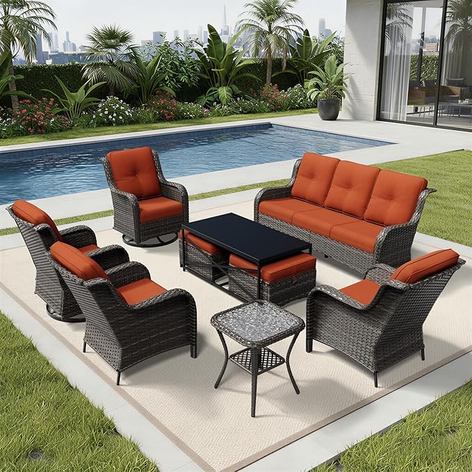 Joyside 9 Piece Wicker Patio Furniture Set, Outdoor Swivel Rocker Patio Chairs with High Back, Deep Seating, Wide Armrest, Thickened Cushions, Outdoor Furniture for Deck, Porch Use