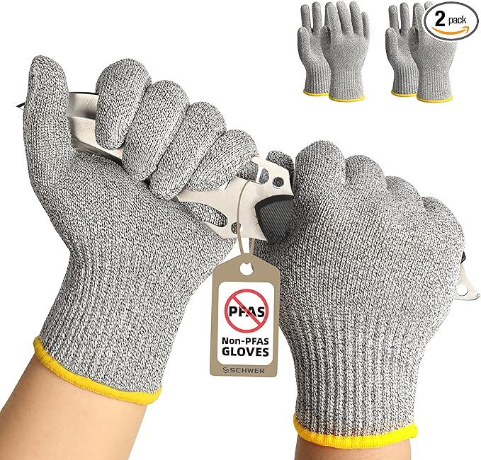 Schwer 2 Pairs High Level ANSI A7 Cut Resistant Gloves, Food Grade Cutting Gloves for Chef, Mandoline Glove for Kitchen Meat Cutting, Wood Caving, Ambidextrous, Breathable & Cool, PR1508, XL
