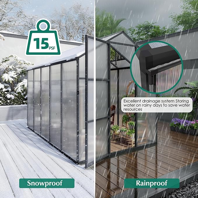 6x10 FT Greenhouse,Outdoor Greenhouse W/ Roof Vent,Walk-in Aluminum Polycarbonate Green House W/ Drainage System & Ground Nails,Green Houses for Outside Garden,Backyard,Patio,Lawn,Black