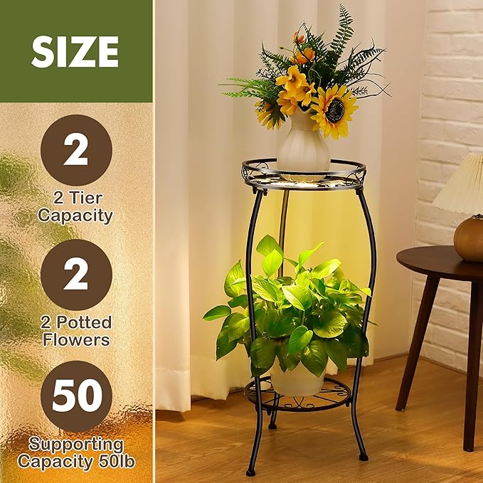 Dunkive Plant Stand indoor Outdoor 2 Tier 27" with Grow Light, Tall Metal Potted Holder Rack Flower Stand Rustproof Iron Heavy Duty Round Plant Shelf for Planter Corner Home Garden Balcony Patio