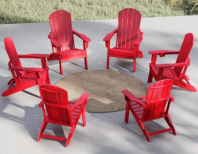 Plawdlik Folding Adirondack Chair Set of 6 with Cup Holder，Wooden Textured ，Heavy All-Weather HDPE Comfortable Set Poolside Backyard Lawn, Red