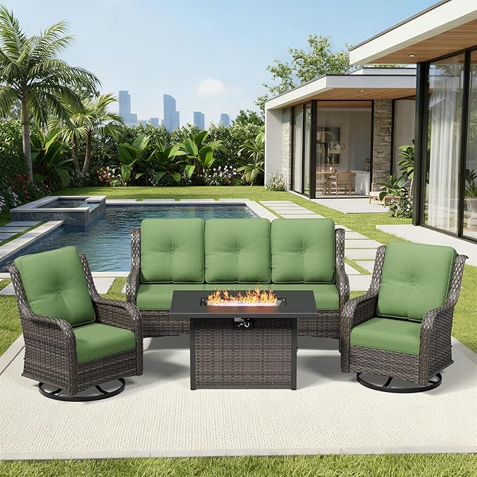 Joyside 4 Piece Wicker Patio Furniture Set with Fire Pit Table, Outdoor Swivel Rocker Patio Chairs with High Back, Deep Seating, Wide Armrest, Thickened Cushions, Outdoor Furniture for Deck, Porch Use