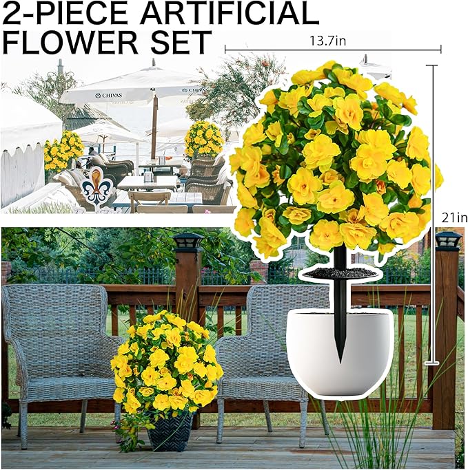 AZXVT Artificial Flowers for Outdoors, Faux Outdoor Plants Fake Plants Topiary Balls Artificial Outdoor Set of 2 with Ground Spike for Home Front Porch Patio Garden Decor (Yellow)