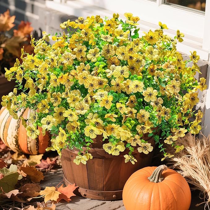 florisso Artificial Fake Fall Yellow Mums Flowers Plants for Outdoor Outside, 12 Bundles Autumn Faux Silk Daisy UV Resistant Realistic for Porch Patio Home Window Box Yard Garden Planter