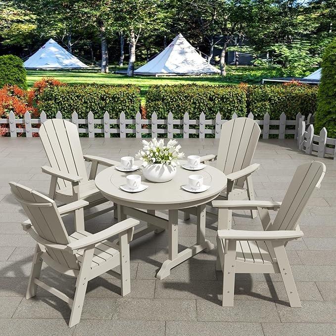 WestinTrends Malibu 5 Piece Adirondack Patio Dining Set, All Weather Poly Lumber Outdoor Table and Chairs Furniture Set, 47" Trestle Round Dining Table and 4 Adirondack Dining Chair, Sand