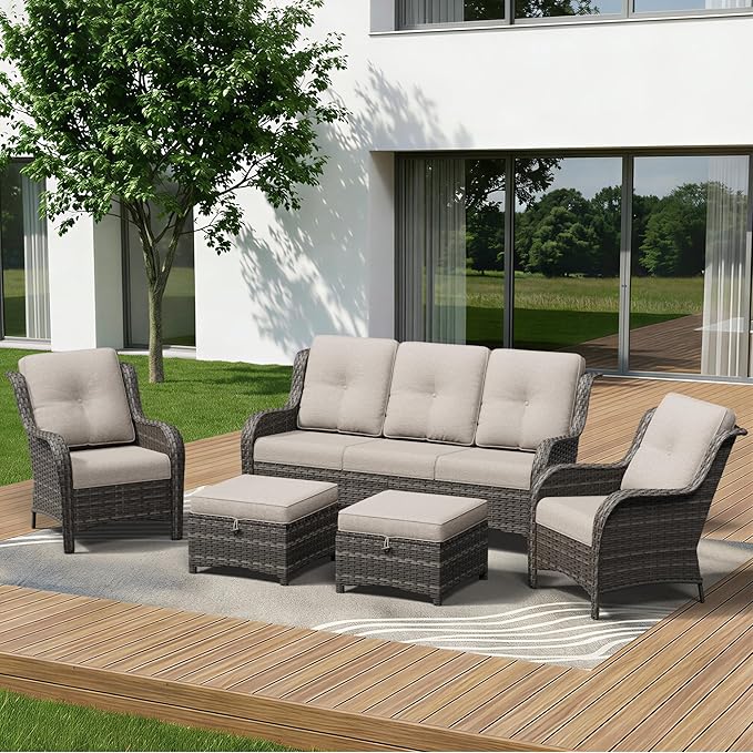 5 Piece Outdoor Wicker Patio Furniture Set, Patio Chairs Set with Thickened Olefin Cushions, High Back and Deep Seating, Hand-Woven PE Rattan, Ottoman for Porch, Deck