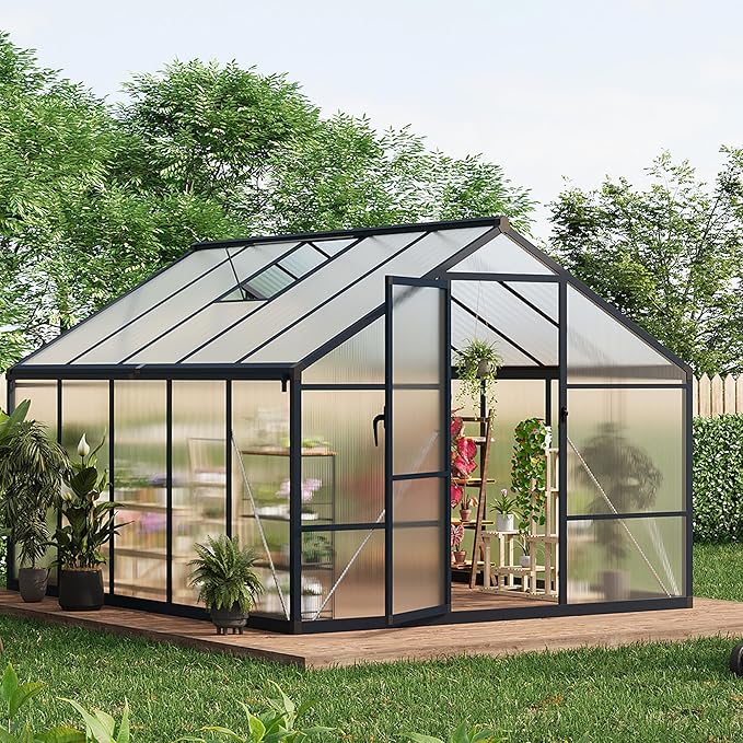 8x10ft Greenhouse Aluminum Greenhouse for Outdoors with Roof Vent, Lockable Outward-Opening Swing Door, Heavy-Duty Polycarbonate Walk-in Green House for Garden, Backyard, Patio, Lawn, Dark Grey
