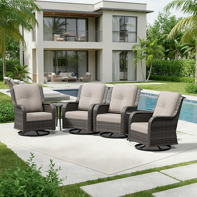Joyside 6 Piece Wicker Patio Furniture Set, Outdoor Swivel Rocker Patio Chairs with High Back, Deep Seating, Wide Armrest, Thickened Cushions, Outdoor Furniture for Deck, Porch Use