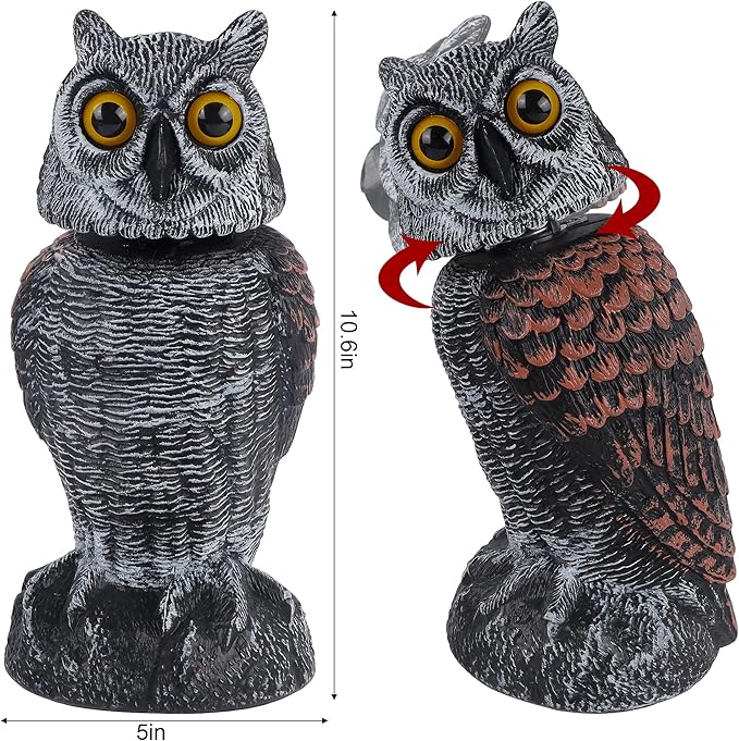 Hausse 2 Pack Fake Owl Decoys to Scare Birds Away, Rotating Head Plastic Owl Bird Deterrents, 10.6 Inch Height Bird Scarecrow Nature Enemy Horned Pest Repellent for Outdoor Garden Yard
