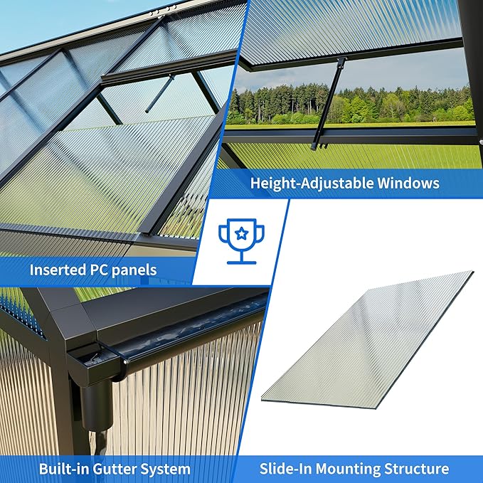 WKM 8x10 FT Greenhouse for Outdoors, Quick-fit Structure Green House with Window for Ventilation, Aluminum Greenhouses for Garden Backyard, Black