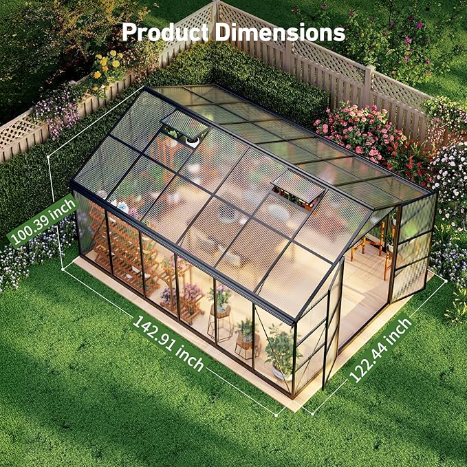 10x12FT Greenhouses for Outdoors, Polycarbonate Green House with UV Protection, Heavy Duty Greenhouse with Windproof Aluminum Frame, Roof Vent & Hygrometer for Backyard or Garden Use