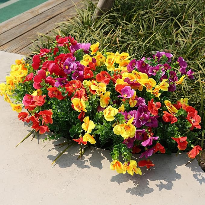 Ivydale Artificial Flowers for Outdoor Decoration, 12 Bundles Fake Pansy UV Resistant Realistic Silk Flowers with Eucalyptus for Planter Front Door Garden Porch Patio Yard