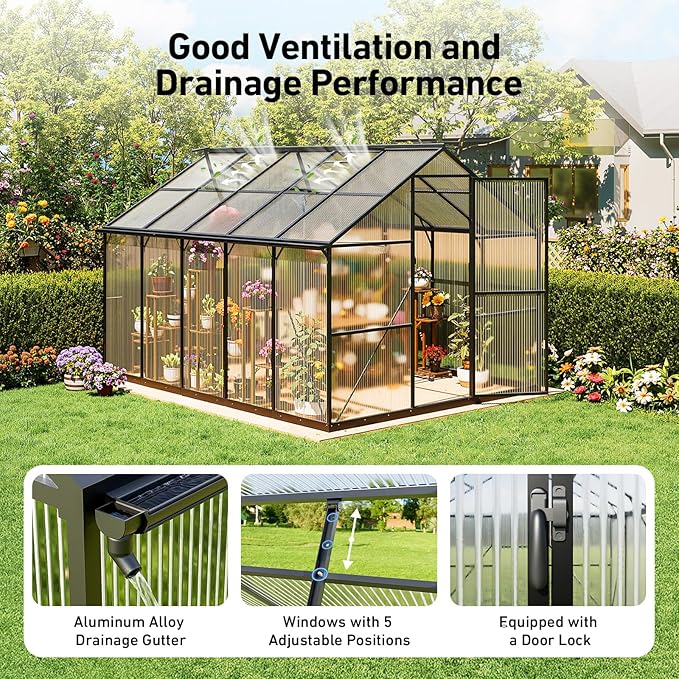 8x10FT Greenhouses for Outdoors, Polycarbonate Green House with UV Protection, Heavy Duty Greenhouse with Windproof Aluminum Frame, Roof Vent & Hygrometer for Backyard or Garden Use