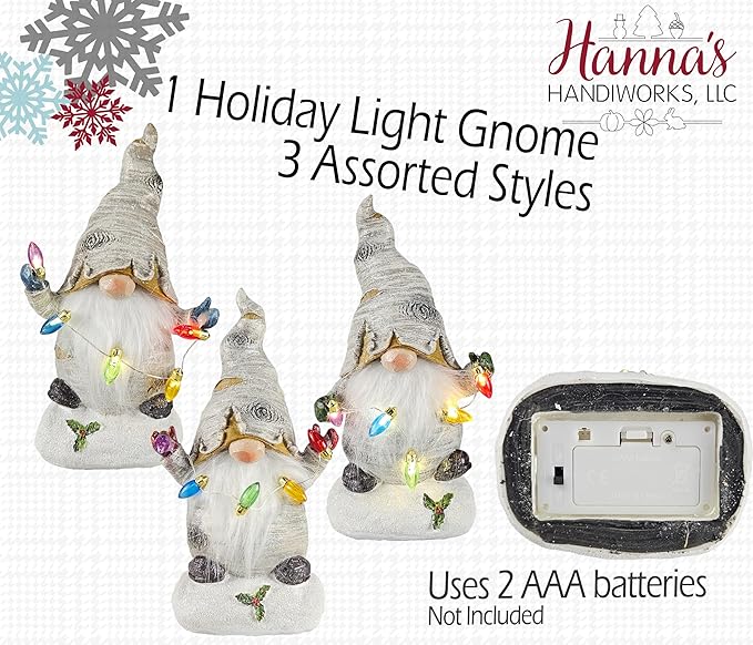 Light‑Up Christmas Santa Gnome | Resin Holiday Tabletop Figurine with Illumination | Woodland Cottage Home Decor | Versatile for Holiday Season & Xmas | 9 inches tall - Receive 1 of 3 Assorted Styles