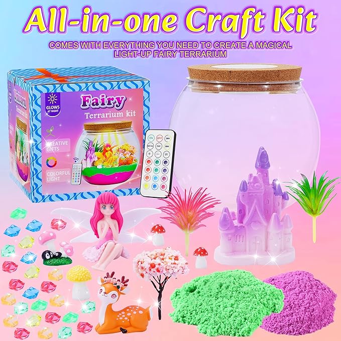Hannstar Fairy Garden Light Up Terrarium Kit for Kids - LED Night Light Birthday Gift for Girls Ages 4 5 6 7 8 10 12 Years Old - Creative Toys for Girls - DIY Arts and Crafts Kit for Kids