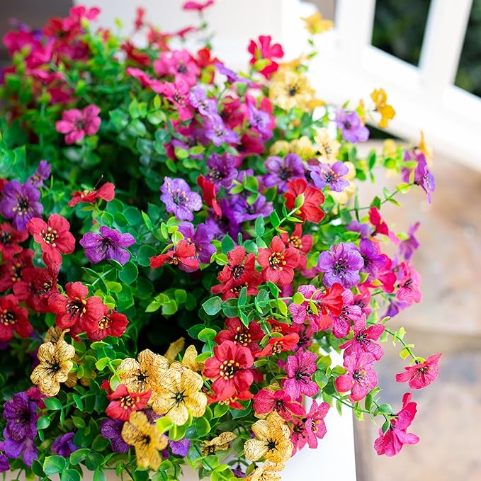 florisso Artificial Fake Plants Flowers for Outdoor Outside Spring Summer Decoration, 12 Bundles Faux Silk Colorful Mix Daisy UV Sun Resistant Realistic for Porch Patio Home Planter Window Box Yard