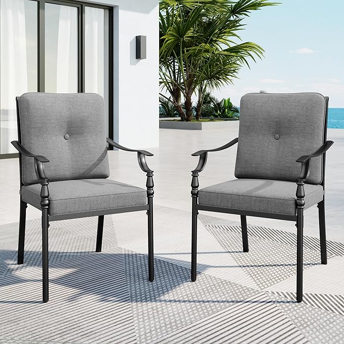 MFSTUDIO Outdoor Patio Dining Chairs Set of 2, Heavy-Duty Patio Chairs with Cushions, Wrought Iron Deck Chairs for Outside, Backyard, Garden