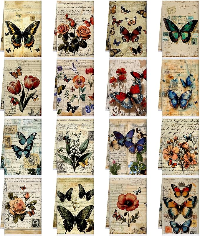 Bencailor 16 Pcs Spring Kitchen Towels Floral Butterfly Hand Dish Towels Vintage Flower Tea Dishcloths for Spring Holiday Kitchen Bathroom Home Decor Gifts, 16 x 24 Inch
