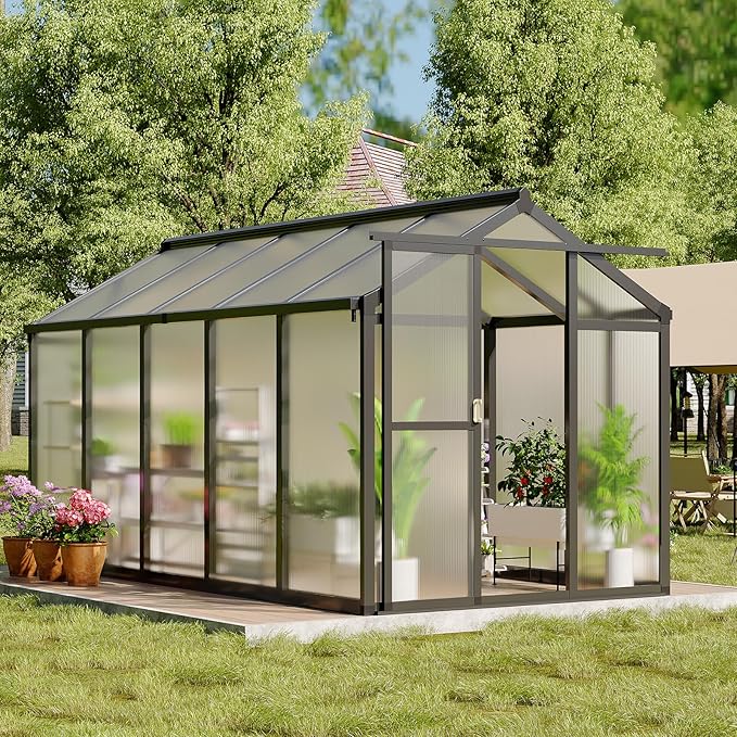 6X10 FT Greenhouse, Polycarbonate Garden Greenhouse for Outdoors,Aluminum Frame Green House with Lockable Door and Adjustable Roof Vent, Ideal for Backyard Patio and Outside Growing