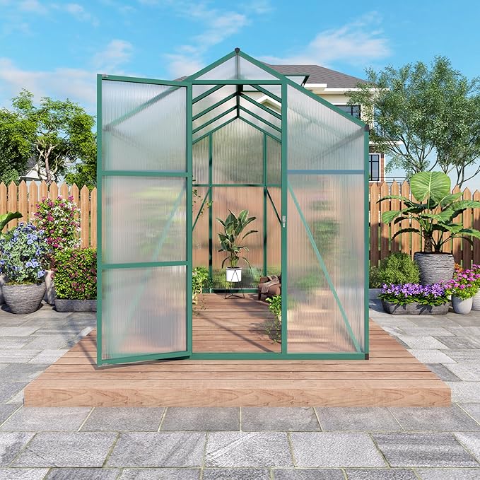 6x8 FT Greenhouse,Outdoor Polycarbonate Greenhouse with Roof Vent & Integrated Gutters,Aluminum Walk-in Green House W/ Reinforced Frame for Outside Garden Backyard,Green