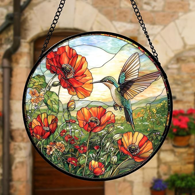 DASTOLL Stained Glass Window Hanging, Hummingbirds Orange Flowers Suncatcher Diamond Glass Panel Hangings Sun Catchers Decor for Birthday for Women, Men, Wife, Aunt, and Mom 6.3 in