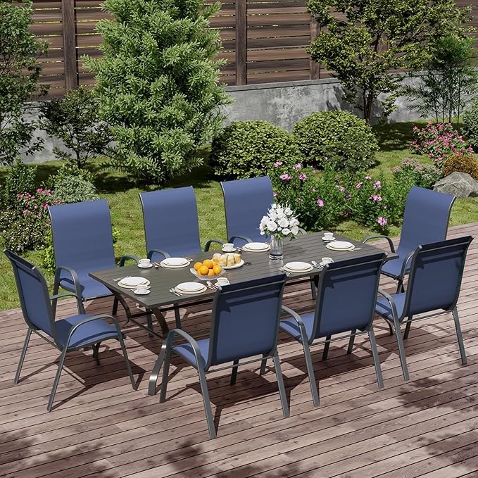 Patio Dining Chairs Set of 8, Outdoor High Stacking Chairs，Breathable Seat Fabric and Alloy Steel Frame for Backyard, Porch, Garden, Sunroom (Blue)