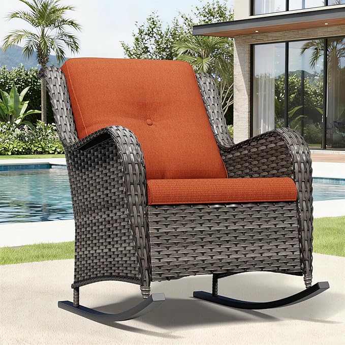 Joyside Outdoor Rocking Chair, Wicker Patio Furniture with High Back, Deep Seating, Wide Armrest, Thickened Cushions, Outdoor Rattan Furniture for Deck, Porch Use