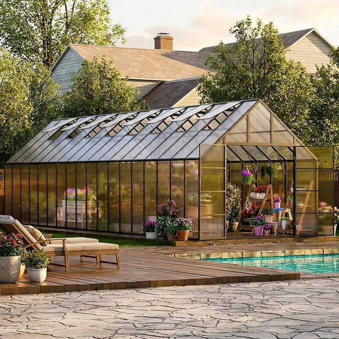 10*36 FT Large Greenhouses for Outdoors Heavy Duty, Aluminum-Framed Polycarbonate Greenhouse with Quick Setup Structure and 7 Vent, Walk-in Greenhouse kit for Garden & Backyard
