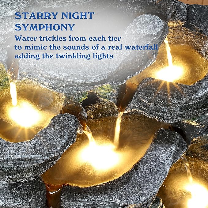 7-Tiers Garden Waterfall Fountain Outdoor - Water Fountains and Waterfalls, Outdoor/Indoor Floor Standing Resin Water Fountain with LED Light for Patio, Garden and Backyard, Deck, Porch, Home