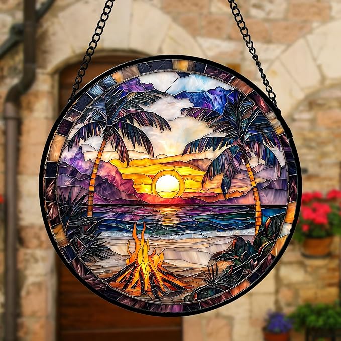 DASTOLL Stained Glass Window Hanging,Bonfire Beach Landscape Suncatcher Diamond Glass Panel Sun Catchers Decor for Birthday for Women, Men, Wife, Aunt, and Mom 9.8 in