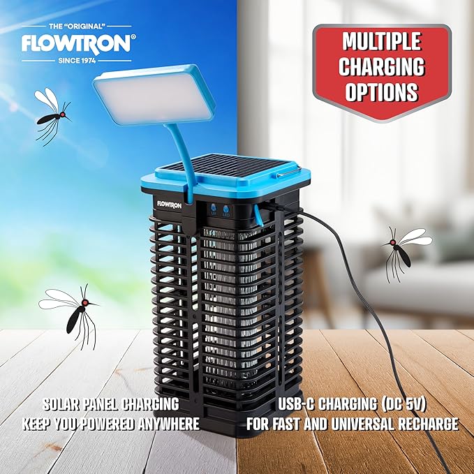 Flowtron Solar Bug Zapper | Portable Electric Insect Killer with UV Light & LED Lamp | USB-C and Solar Charging for 4000 mAh Battery | 530 Sq Ft Coverage from Gnats, Flies for Patio, Yard, Camping