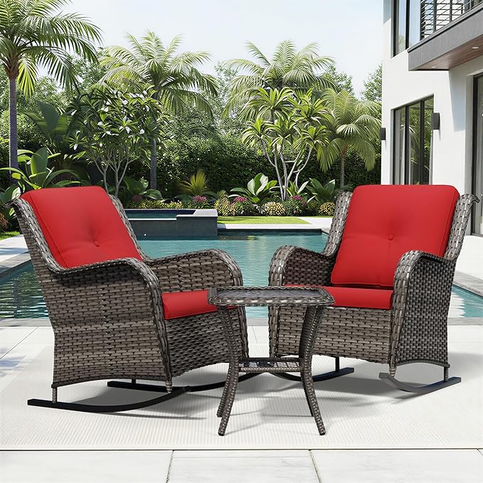 Joyside 3 Piece Wicker Patio Furniture Set, Outdoor Rocking Chair with High Back, Deep Seating, Wide Armrest, Thickened Cushions, Outdoor Rattan Furniture for Deck, Porch Use
