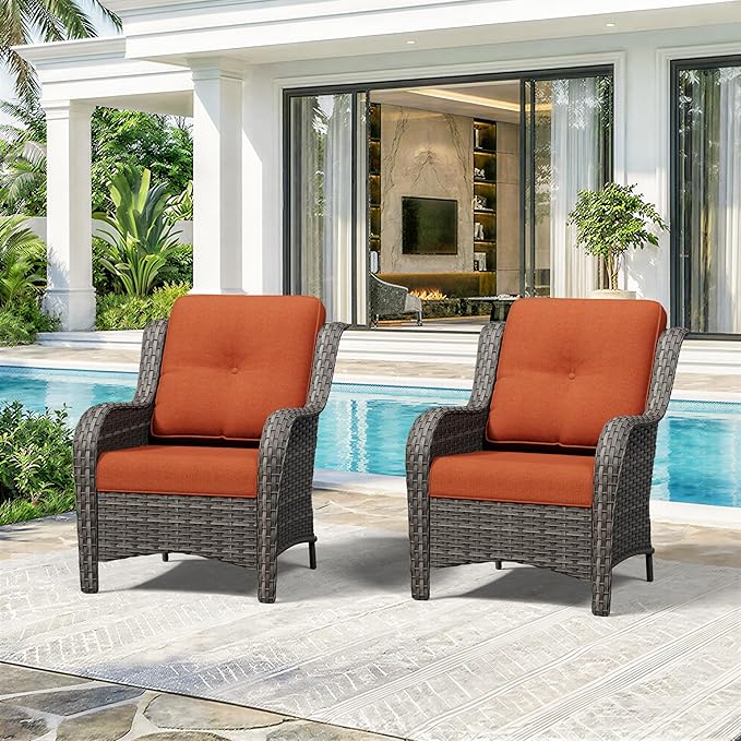 Patio Chairs Set of 2, Outdoor Wicker Patio Furniture Set with Thickened Olefin Cushions, High Back and Deep Seating, Wide Curved Armrest Hand-Woven PE Rattan for Porch, Deck, Orange