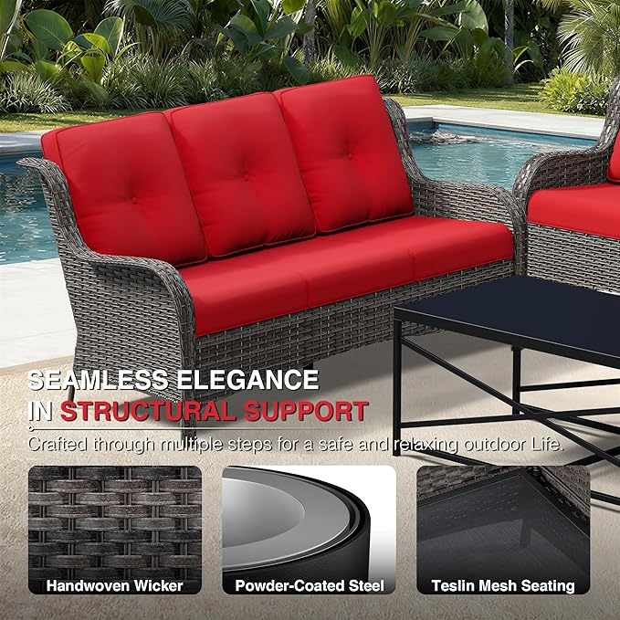 Joyside 6 Piece Wicker Patio Furniture Set, Rattan Patio Chairs with High Back, Deep Seating, Wide Armrest, Thickened Cushions, Outdoor Furniture for Deck, Porch Use