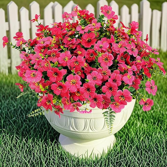 Pinenoya Artificial Faux Plants Flowers Outdoor Decoration,16 Bundles Fake Silk Colorful Daisy Eucalyptus Realistic UV Resistant for Outside Home Planter Porch Patio Yard Decor (Red)