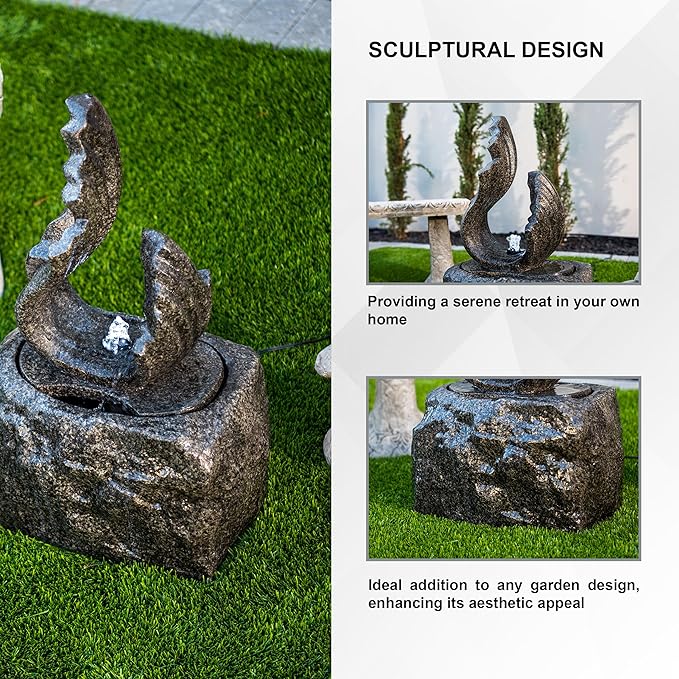 XBrand 25 in H Stone-Look Sculptural Modern Freestanding Fiber Resin Outdoor Garden Fountain w/LED Light, Black