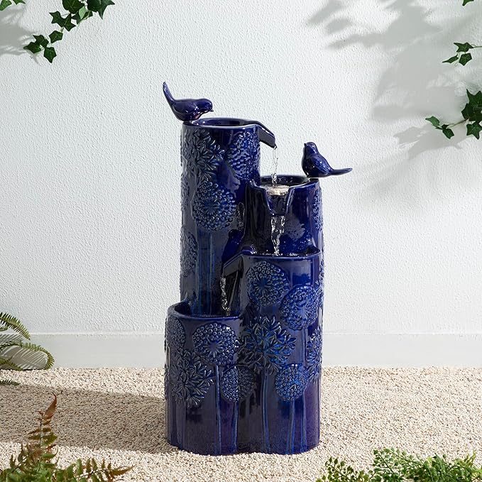 Glitzhome 27" H Outdoor Water Fountain with LED Light, Pump & Adapter, 4-Tier Cobalt Blue Dandelion Vase Ceramic Cascading Garden Fountains Waterfalls with Birds, for Porch Deck Patio Backyard