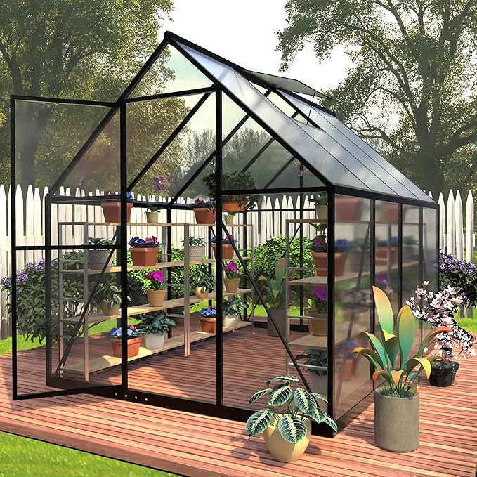 HOOYEAH 6 x 8 FT Polycarbonate Greenhouse, Winter Greenhouses for Outdoors,Outdoor Greenhouse with Roof Air Vent, Heavy Duty Walk-in Aluminum Green House for Outside Garden Backyard