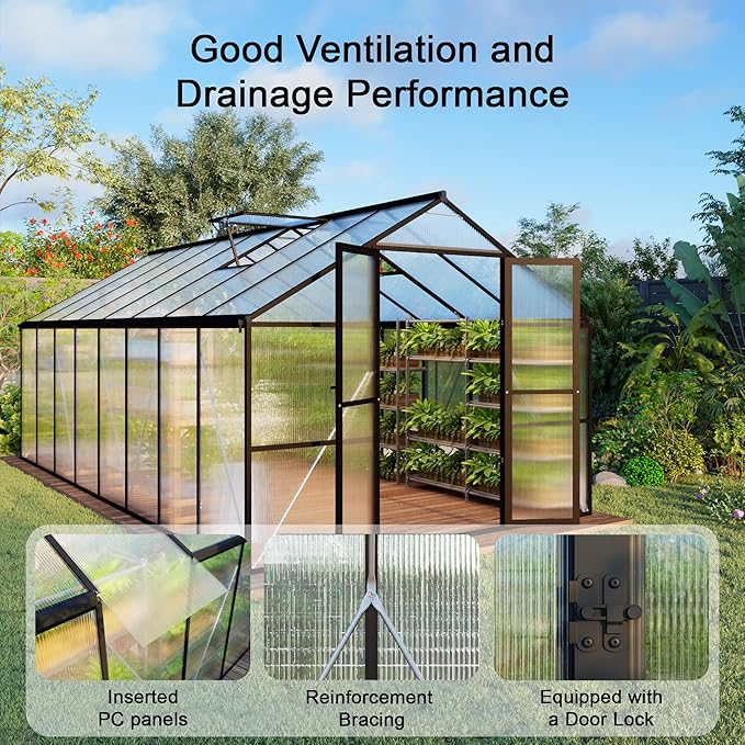 8X16 FT Greenhouse, Walk in Greenhouse with Roof Vent and Rain Gutter, Quick Setup Aluminum Large Polycarbonate Greenhouses for Outdoor Backyard Garden, Black (189" W x 96" D x 77" H)