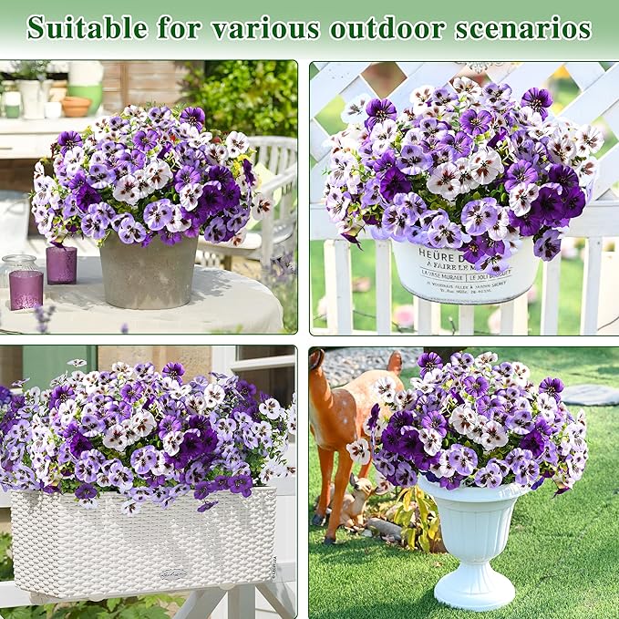 Waipfaru 20 Bundles Artificial Pansy Flowers for Outdoor, UV Resistant Faux Silk Flowers for Outdoor Planters Front Door Porch Yard Patio Window Box Home Decor (White, Purple, Light Purple)