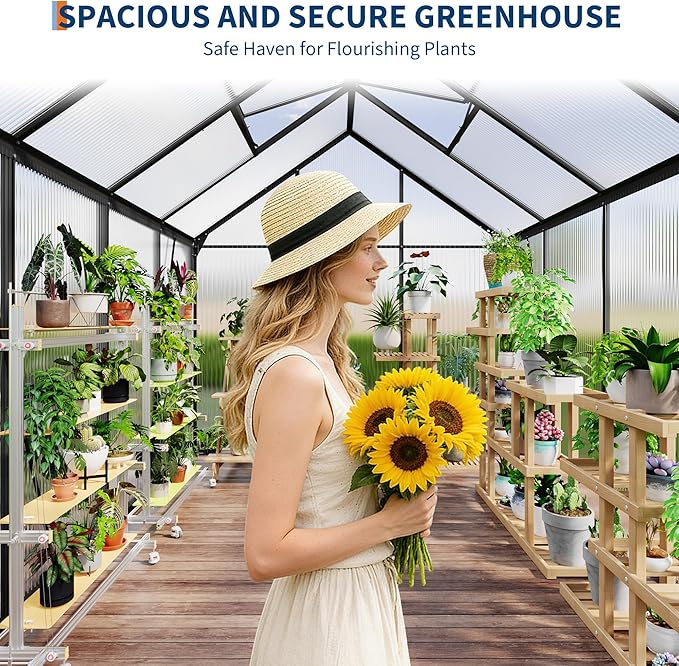 Garvee 6 x 8 FT Outdoor Greenhouse, Polycarbonate Greenhouses with Aluminum Frame, Sliding Door, Adjustable Roof Vent for Backyard, Green Houses for Outside Garden Backyard, Patio, Black
