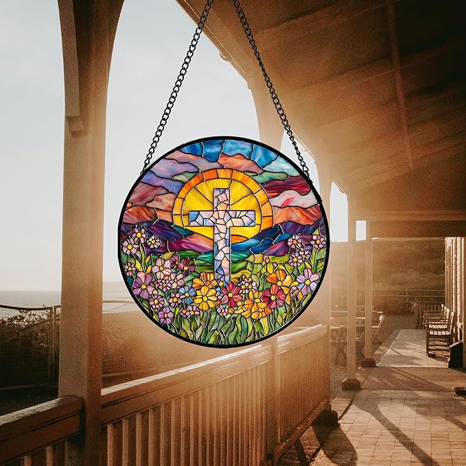 JOSUMALY Stained Glass Window Hanging - Cross Flower Sea Sun Catcher for Door Terrace Garden Home Decor, Mountains Landscape Suncatcher Birthday Gifts for Lovers Women Men Dad Mom Nana 7.8 in