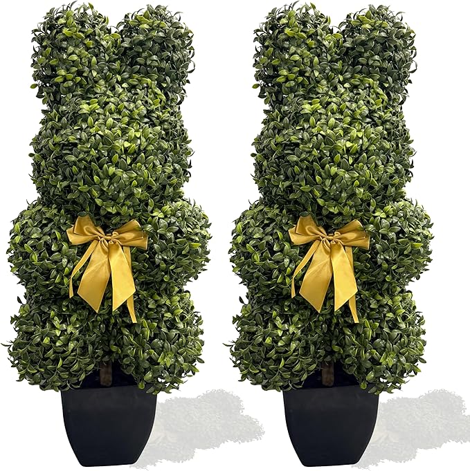 Bunny-Shaped Topiary Ball 32'' Artificial Tree Rabbit Bowknot Pot UV-Resistant Faux Boxwood Topiaries Plant for Porch Decor Outdoor/Indoor 2 Pack