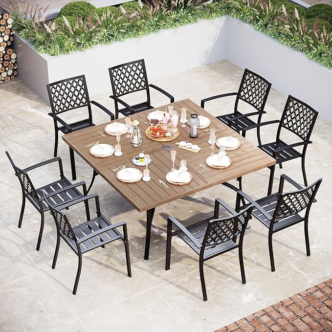 Sophia & William Patio Table and Chairs Set, Outdoor Dining Set for 8, 9 Piece Metal Patio Furniture, 60" Square Table with Wood-Like Tabletop(Diamond)