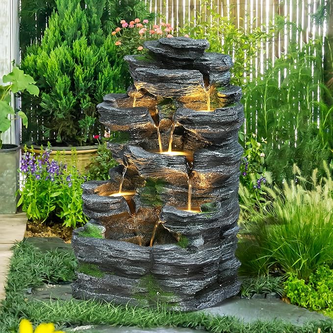 7-Tiers Garden Waterfall Fountain Outdoor - Water Fountains and Waterfalls, Outdoor/Indoor Floor Standing Resin Water Fountain with LED Light for Patio, Garden and Backyard, Deck, Porch, Home