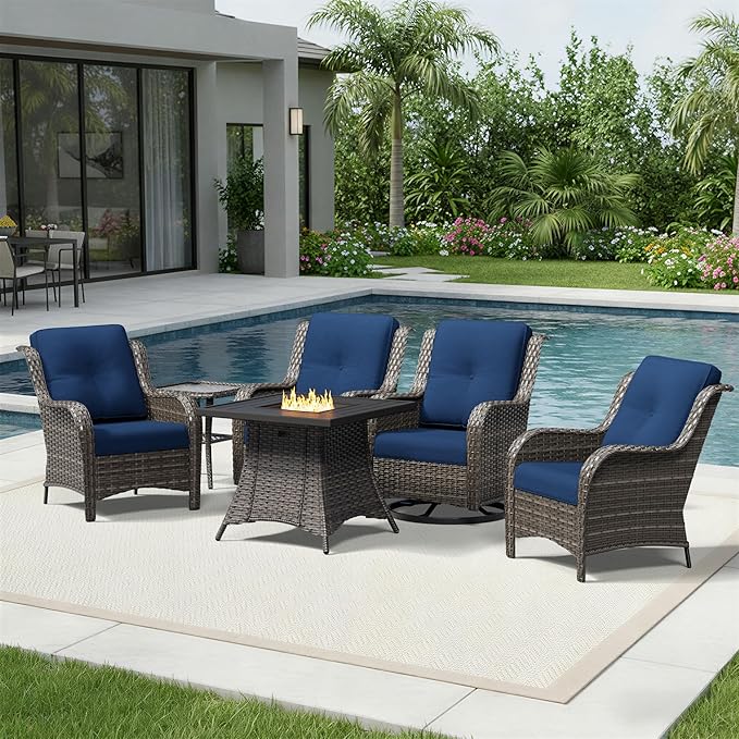 Joyside 6 Piece Wicker Patio Furniture Set with Fire Pit Table, Rattan Patio Chairs with High Back, Deep Seating, Wide Armrest, Thickened Cushions, Outdoor Furniture for Deck, Porch Use