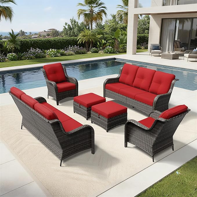 Joyside 6 Piece Wicker Patio Furniture Set, Rattan Patio Chairs with High Back, Deep Seating, Wide Armrest, Thickened Cushions, Outdoor Furniture for Deck, Porch Use